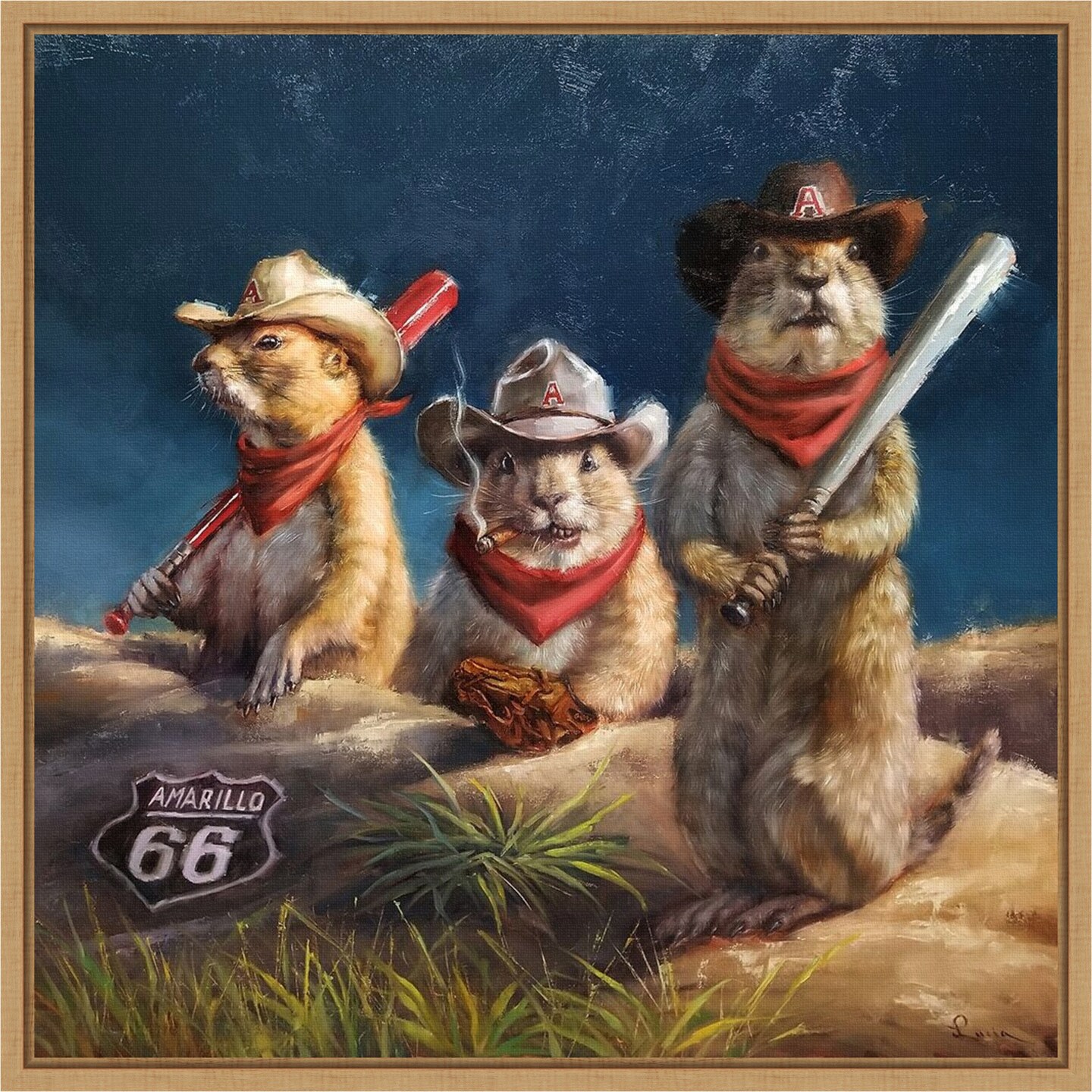 Amarillo Sod Poodles (Prairie dogs) by Lucia Heffernan 16-in. W x 16-in. H. Canvas Wall Art Print Framed in Natural
