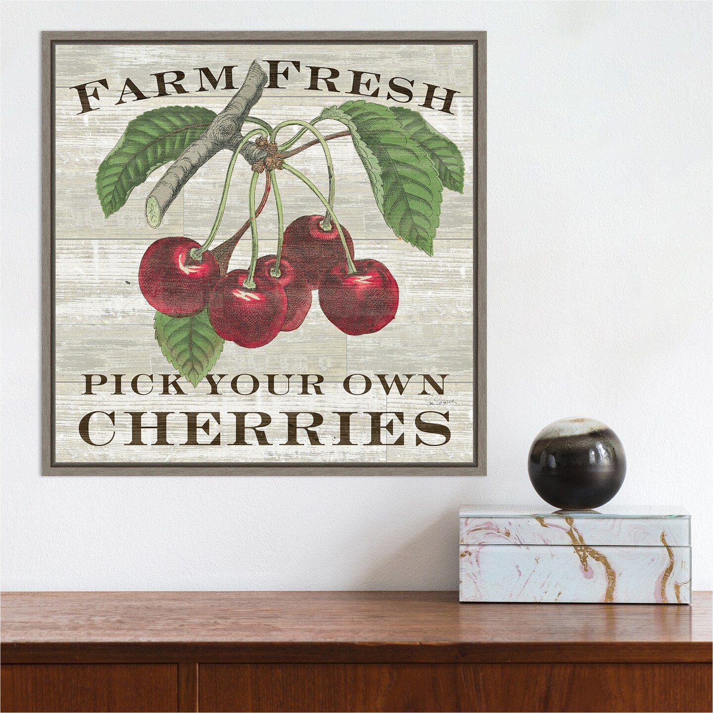 Farm Fresh Cherries by Sue Schlabach 16-in. W x 16-in. H. Canvas Wall Art Print Framed in Grey