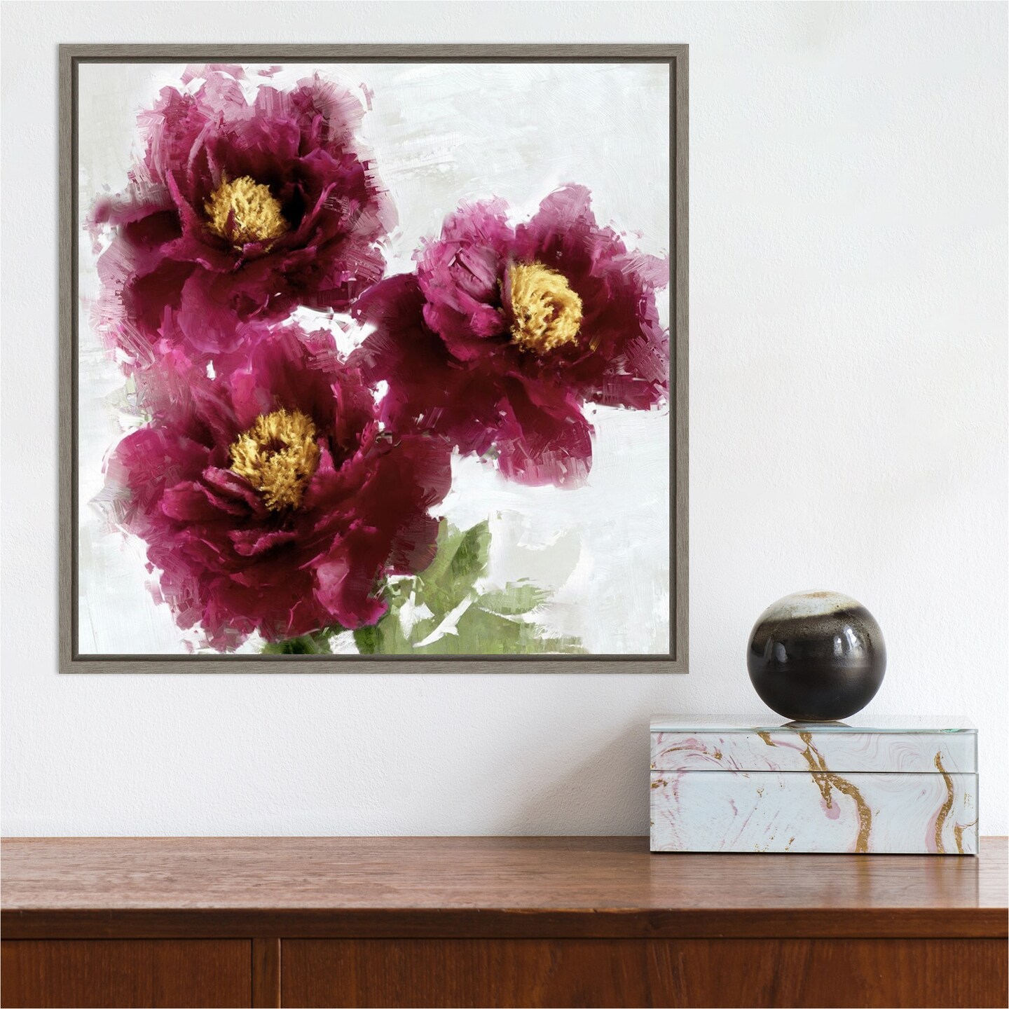 Burgundy Bloom I by Jesse Stevens 16-in. W x 16-in. H. Canvas Wall Art Print Framed in Grey