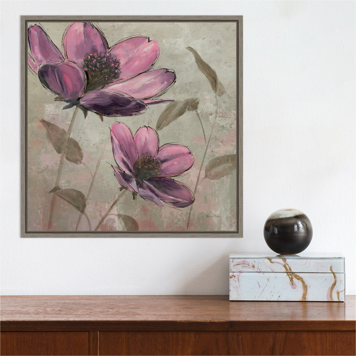 Plum Floral II by Emily Adams 16-in. W x 16-in. H. Canvas Wall Art Print Framed in Grey