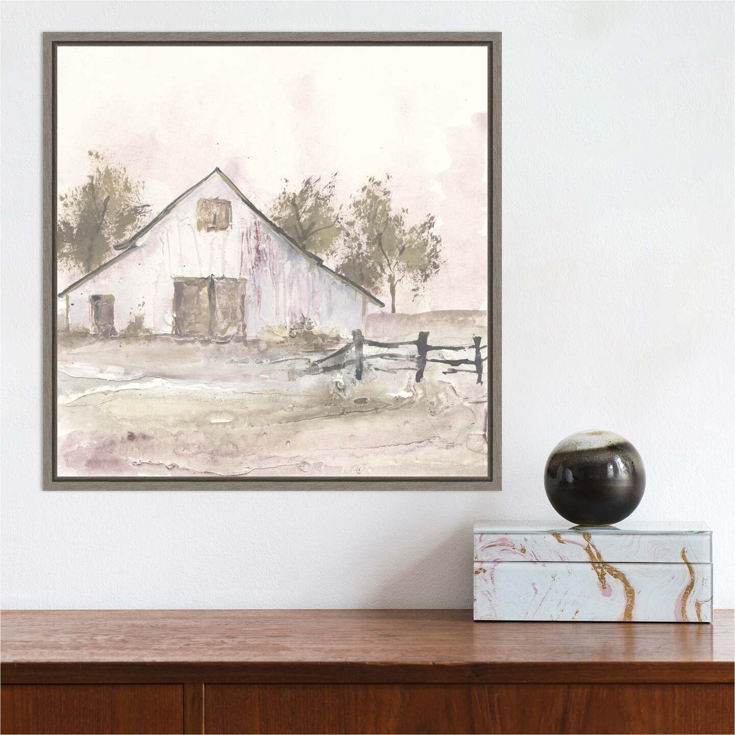 White Barn II by Chris Paschke 16-in. W x 16-in. H. Canvas Wall Art Print Framed in Grey