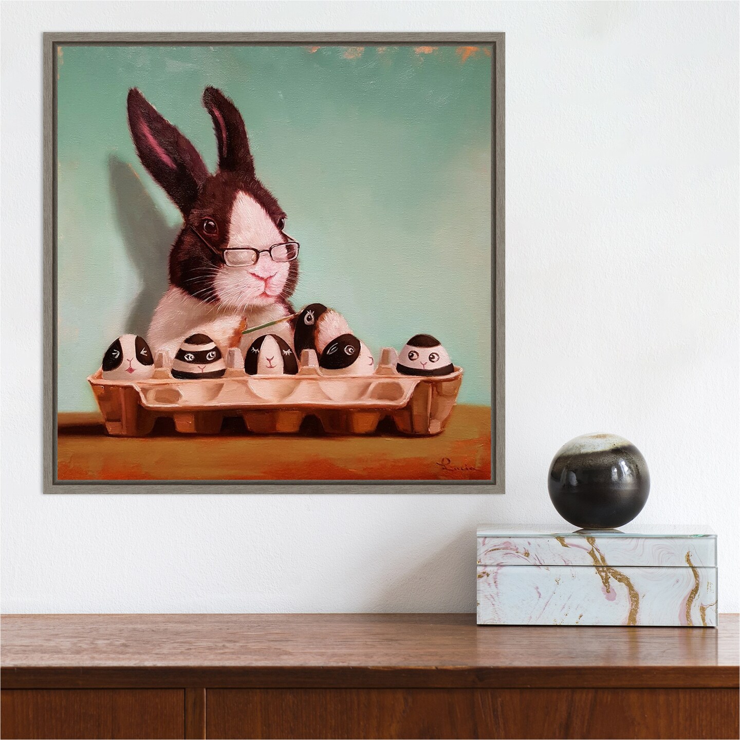Going Dutch (Rabbit) by Lucia Heffernan 16-in. W x 16-in. H. Canvas Wall Art Print Framed in Grey