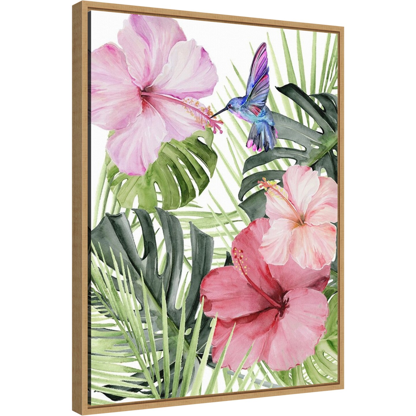 Hibiscus and Hummingbird I by Paxton Parker 18-in. W x 24-in. H. Canvas Wall Art Print Framed in Natural