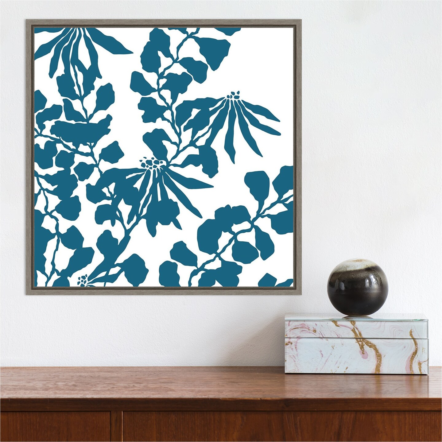 Aqua Trumpet vine Silhouette by Trish Sierer 16-in. W x 16-in. H. Canvas Wall Art Print Framed in Grey
