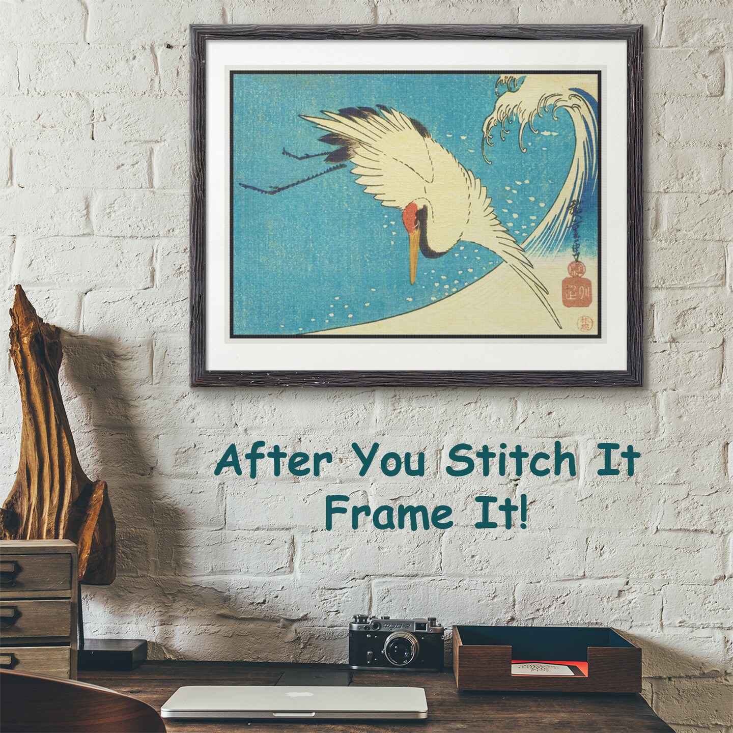 The Crane Above the Wave by Japanese artist Utagawa Hiroshige Counted Cross Stitch Pattern