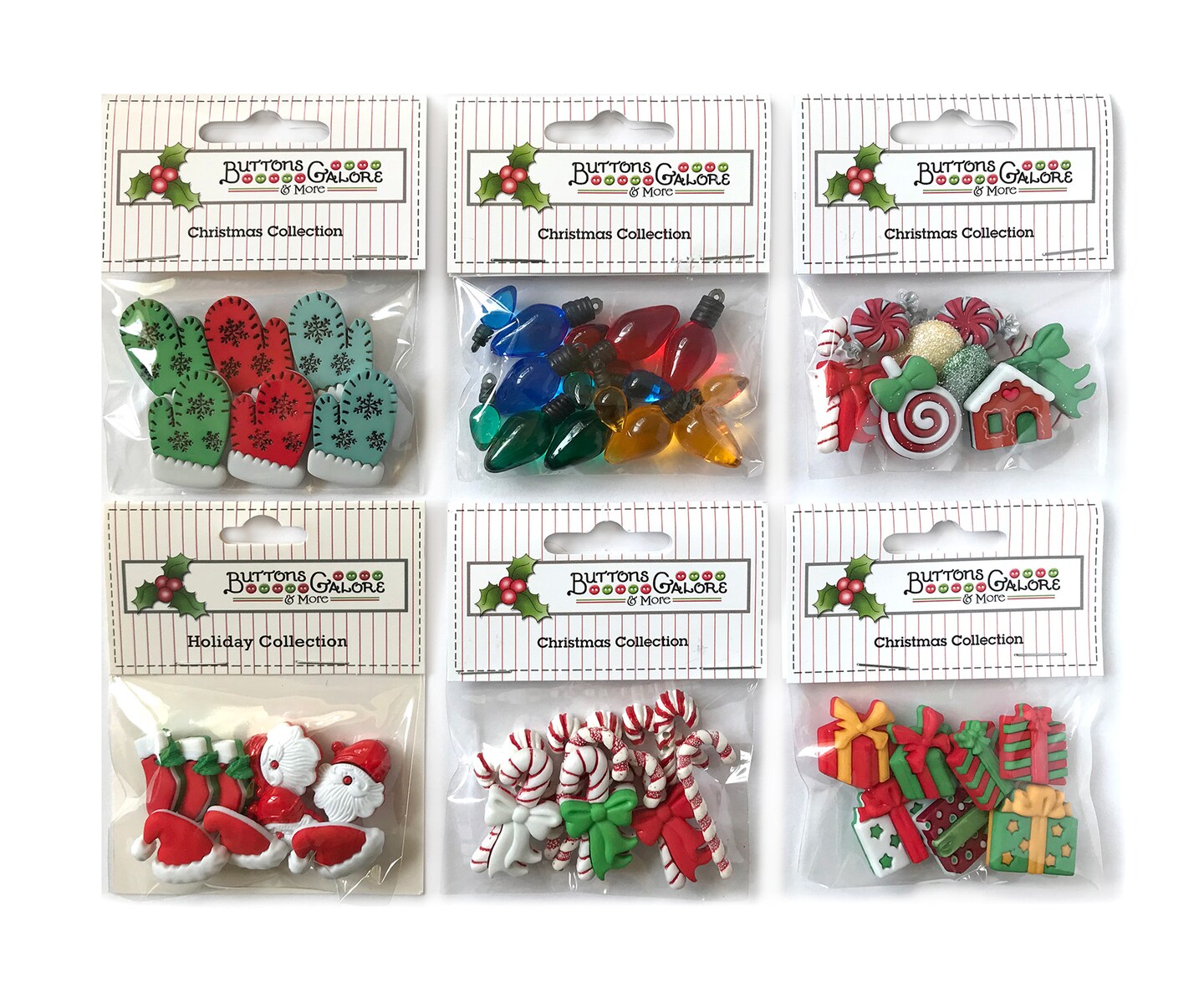 Buttons Galore 50+ Assorted Christmas Buttons for Sewing &#x26; Crafts - Set of 6 Button Packs - Candy Canes, Santa, Lights &#x26; More