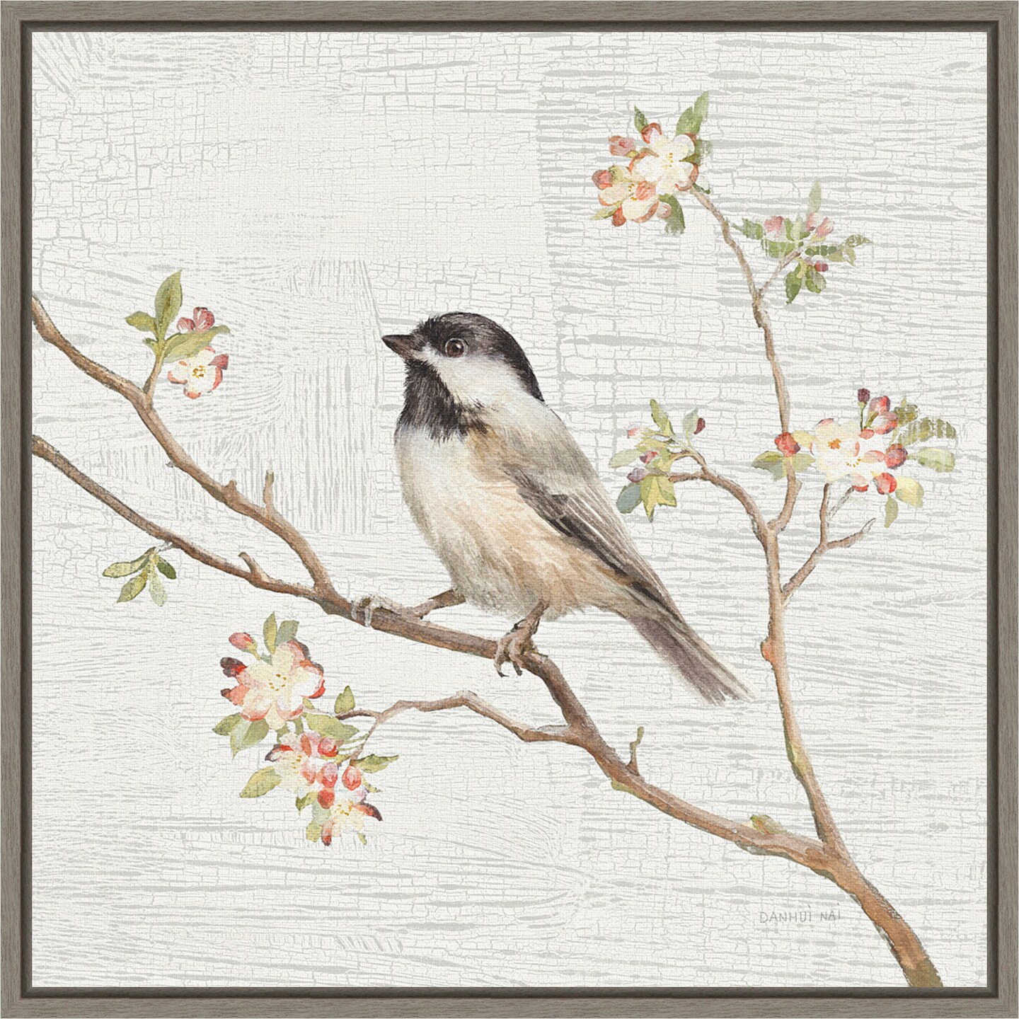 Black Capped Chickadee Vintage by Danhui Nai 16-in. W x 16-in. H. Canvas Wall Art Print Framed in Grey