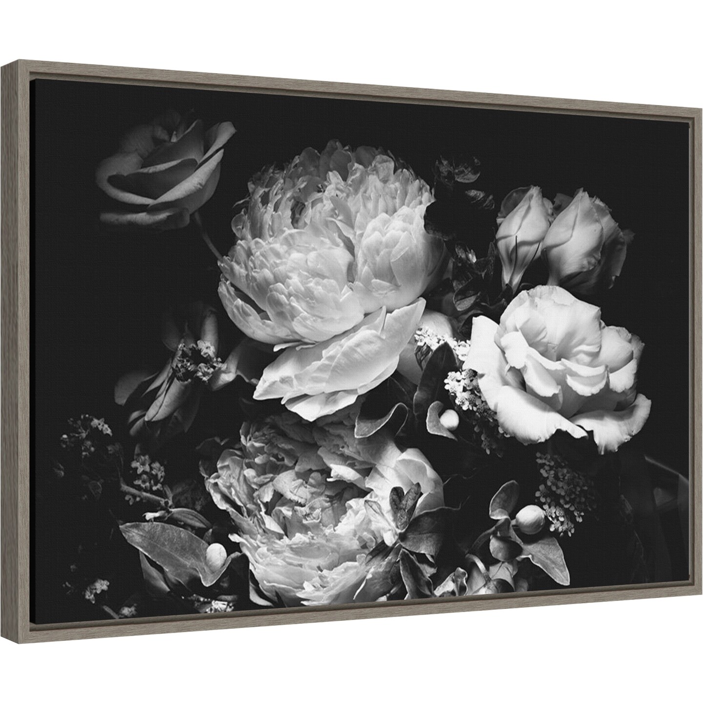 Secret 12 (Floral Black and White) by Design Fabrikken 23-in. W x 16-in. H. Canvas Wall Art Print Framed in Grey