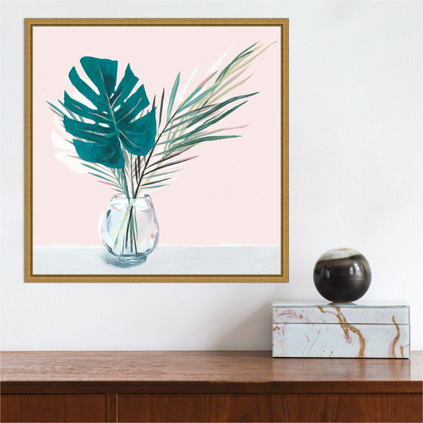 Sunday Palms (Monstera leaf) by Isabelle Z 16-in. W x 16-in. H. Canvas Wall Art Print Framed in Gold