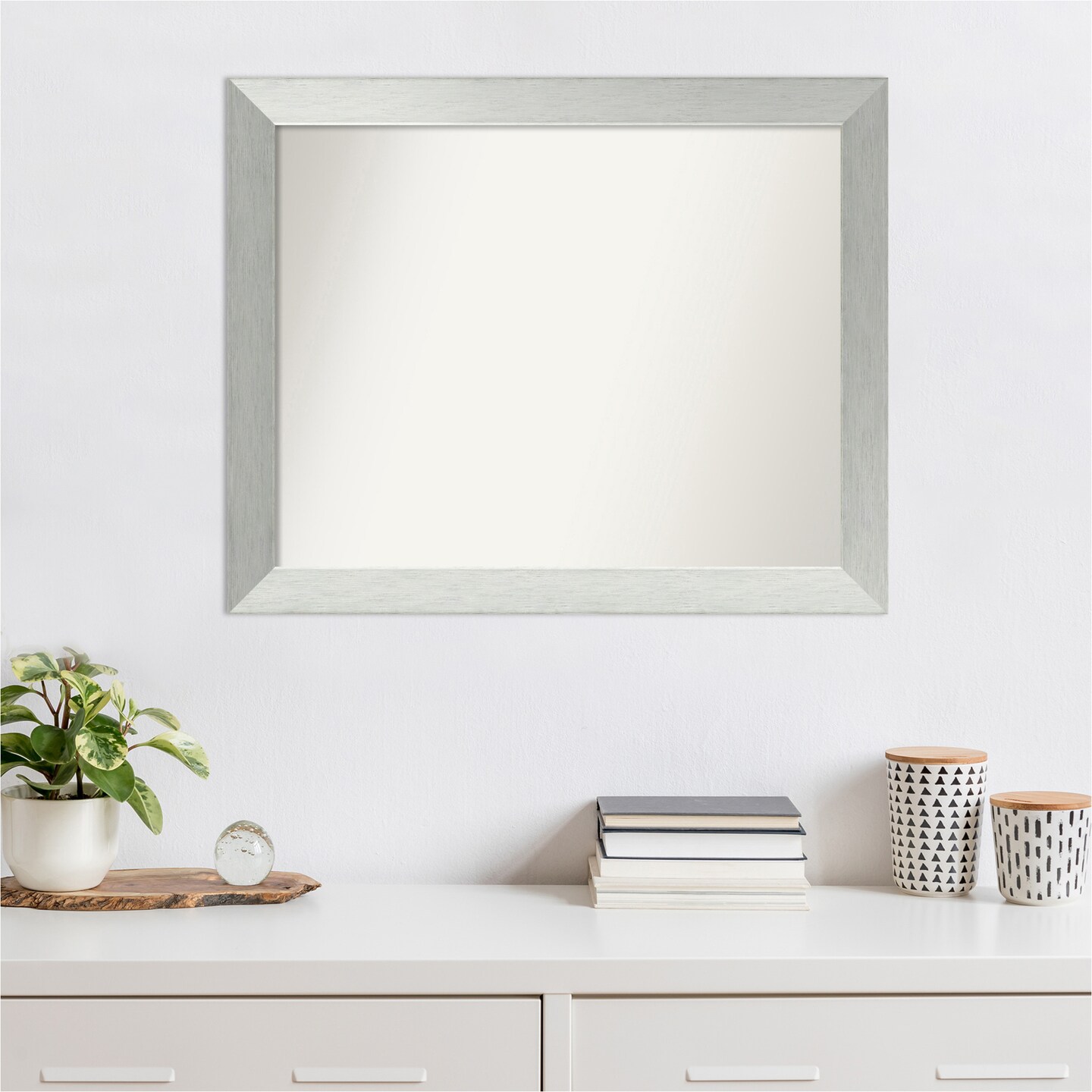 Amanti Art Non-Beveled Wood Wall Mirror, Brushed Sterling Silver Frame