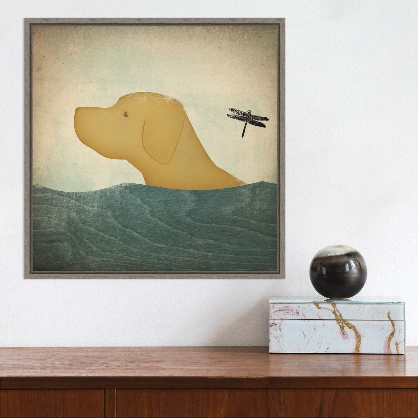 Yellow Dog Swim by Ryan Fowler 16-in. W x 16-in. H. Canvas Wall Art Print Framed in Grey