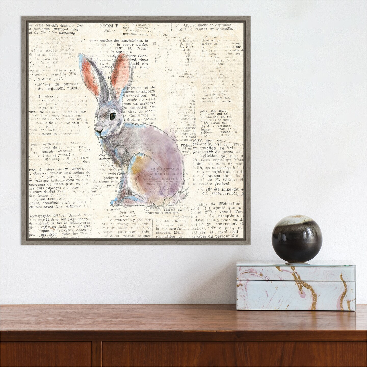 Into the Woods I no Border (Hare) by Emily Adams 16-in. W x 16-in. H. Canvas Wall Art Print Framed in Grey
