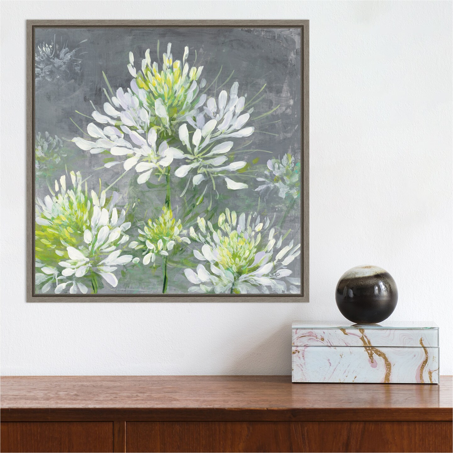 Farmhouse Cleome I by Julia Purinton 16-in. W x 16-in. H. Canvas Wall Art Print Framed in Grey