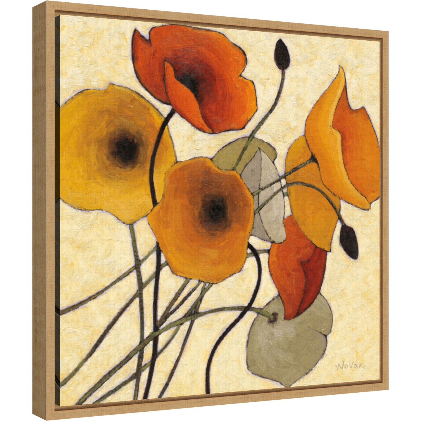 Pumpkin Poppies II by Shirley Novak 16-in. W x 16-in. H. Canvas Wall Art Print Framed in Natural