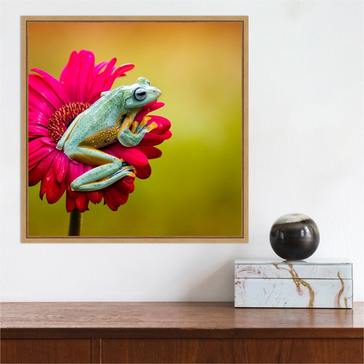 Pretty Frog on Pink Flower by Fauzan Maududdin 16-in. W x 16-in. H. Canvas Wall Art Print Framed in Natural