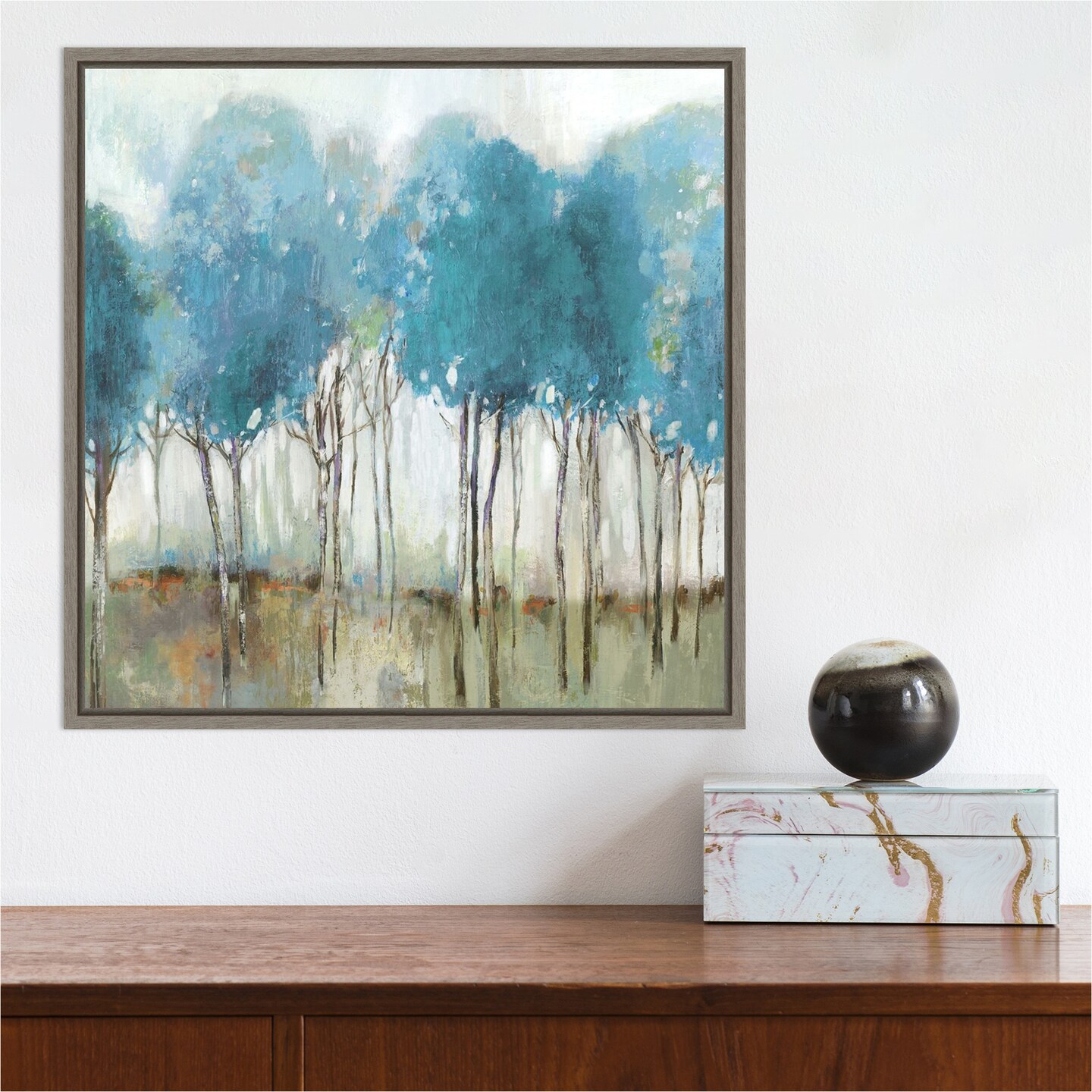 Misty Meadow I (Teal Trees) by Allison Pearce 16-in. W x 16-in. H. Canvas Wall Art Print Framed in Grey