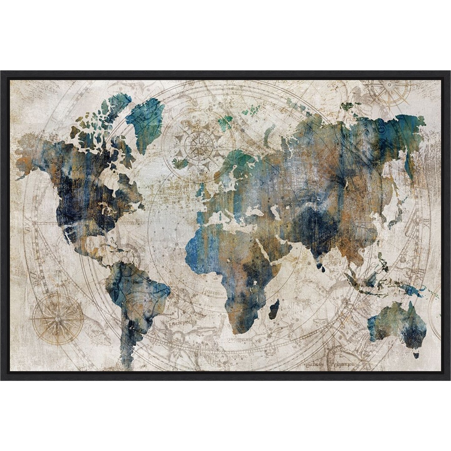 Celestial World Map (Blue) by Isabelle Z 23-in. W x 16-in. H. Canvas Wall Art Print Framed in Black