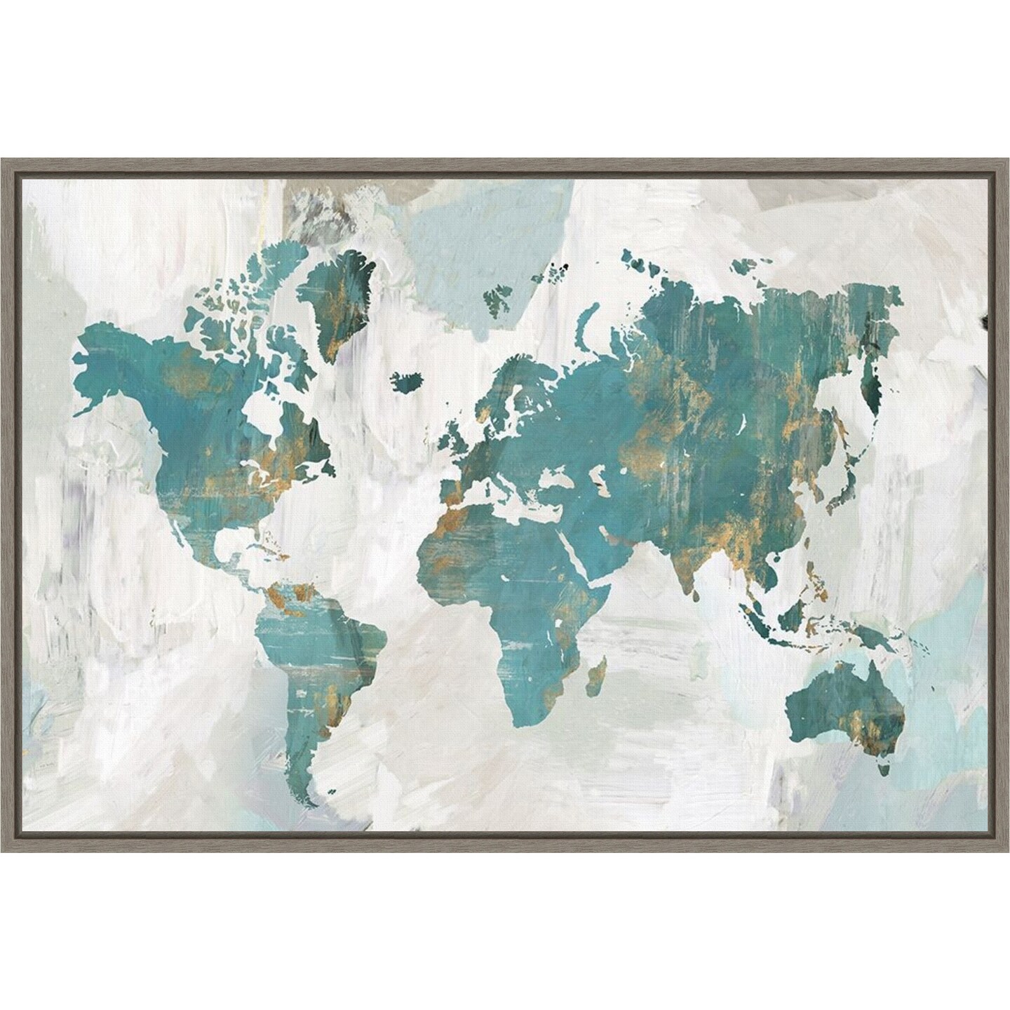 Teal World Map by Pamela Collabera 23-in. W x 16-in. H. Canvas Wall Art Print Framed in Grey