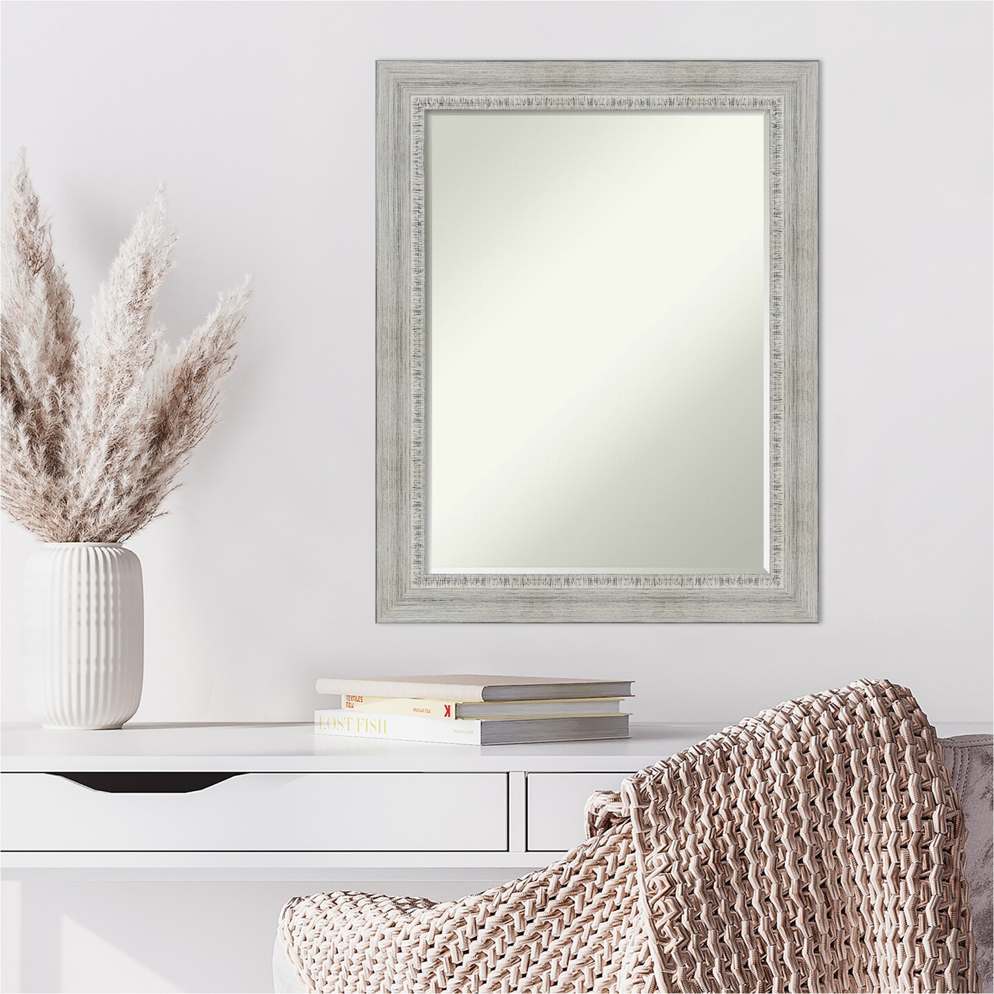 Petite Bevel Wood Wall Mirror, Rustic White Wash Frame