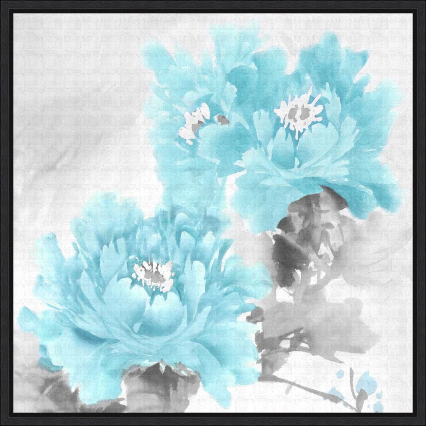Flower Bloom in Aqua II by Jesse Stevens 16-in. W x 16-in. H. Canvas Wall Art Print Framed in Black
