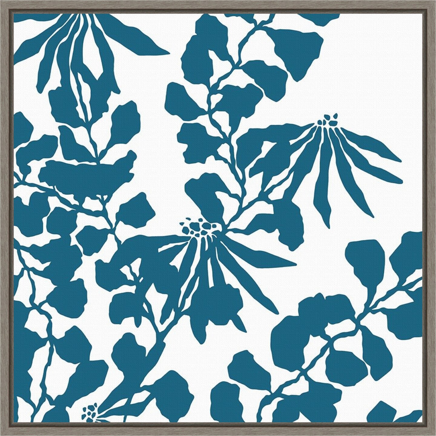 Aqua Trumpet vine Silhouette by Trish Sierer 16-in. W x 16-in. H. Canvas Wall Art Print Framed in Grey