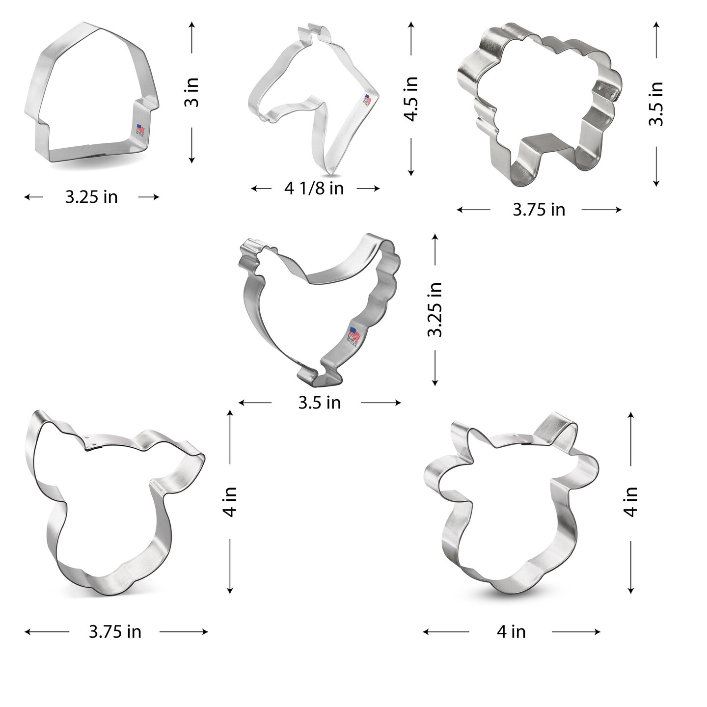 CookieCutter.com 6 Piece Farm Barnyard Cookie Cutter Set Fluffy Sheep, Chicken, Horse Head, Barn, Cow Face, Pig Face, Metal Shapes Made in USA, Silver