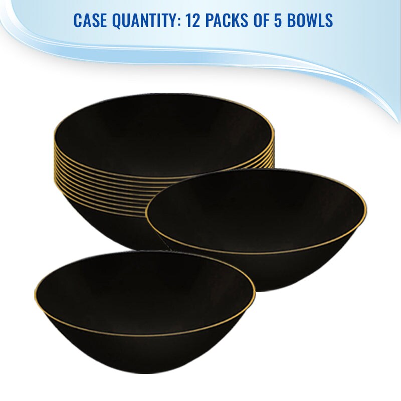 Black with Gold Rim Organic Round Disposable Plastic Bowls - 32 Ounce (60 Bowls)