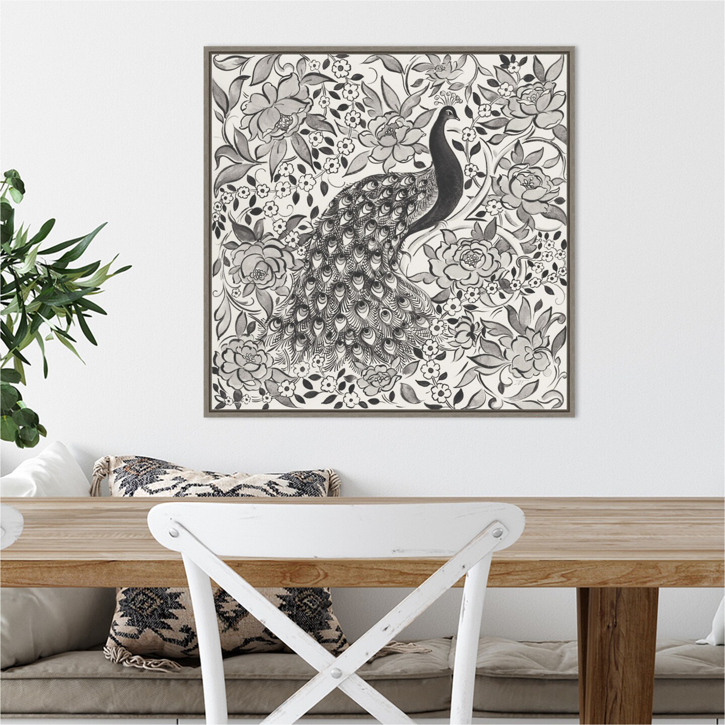 22 X 22 Peacock Garden Iii Bw By Miranda Thomas Framed Canvas