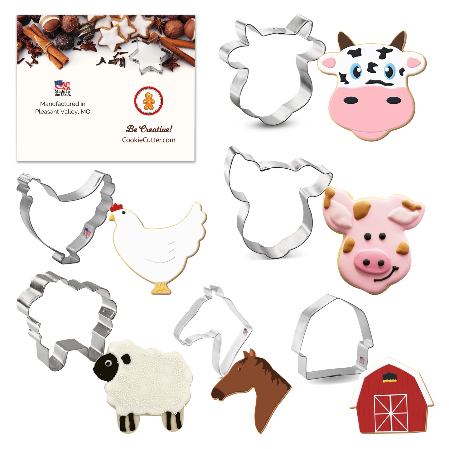 CookieCutter.com 6 Piece Farm Barnyard Cookie Cutter Set Fluffy Sheep, Chicken, Horse Head, Barn, Cow Face, Pig Face, Metal Shapes Made in USA, Silver