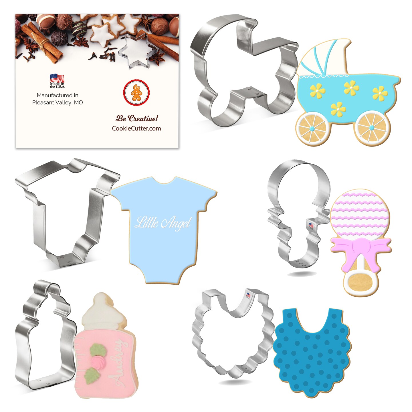 CookieCutter.com 5 Piece Baby Shower Cookie Cutter Set Carriage, Chunky Bottle, Bodysuit, Bib, Rattle, USA