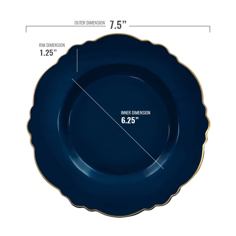 7.5" Navy with Gold Rim Round Blossom Disposable Plastic Appetizer