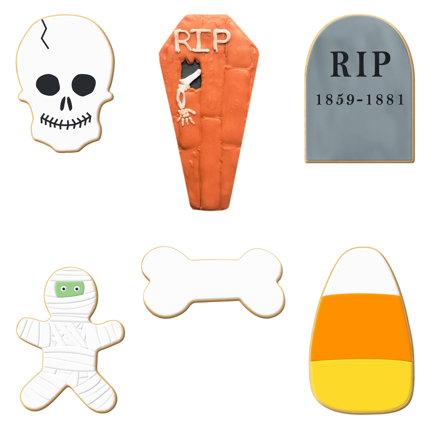 CookieCutter.com 6 Piece Halloween Spooky Graveyard Cookie Cutter Set Tombstone, Coffin, Skull, Candy Corn, Dog Bone, Skeleton, Metal Shapes Made in USA, Silver