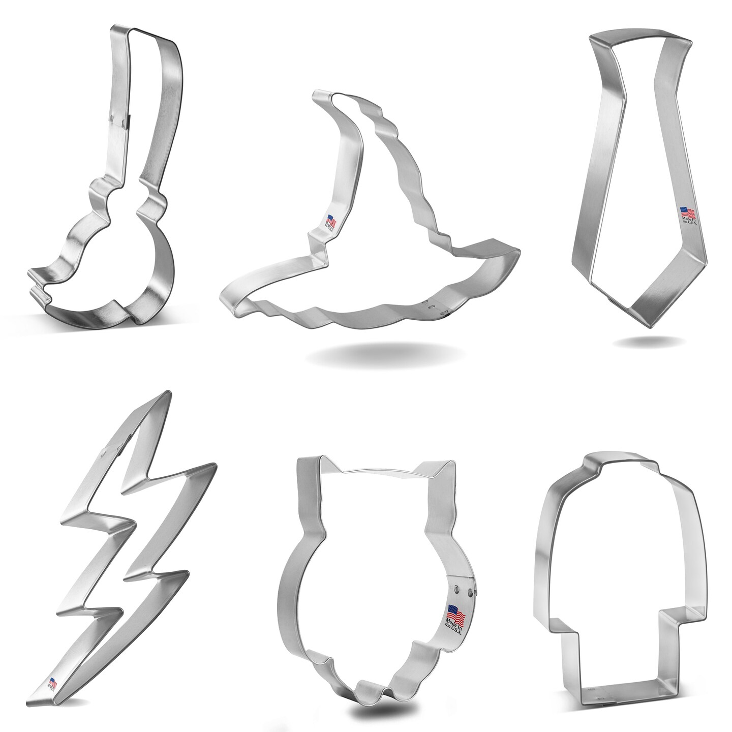 CookieCutter.com 6 Piece Halloween Wizard Cookie Cutter Set Wizard Broom, Neck Tie, Hat, Lab Coat, Chubby Owl, Lightning Bolt, Metal Shapes Made in USA, Silver