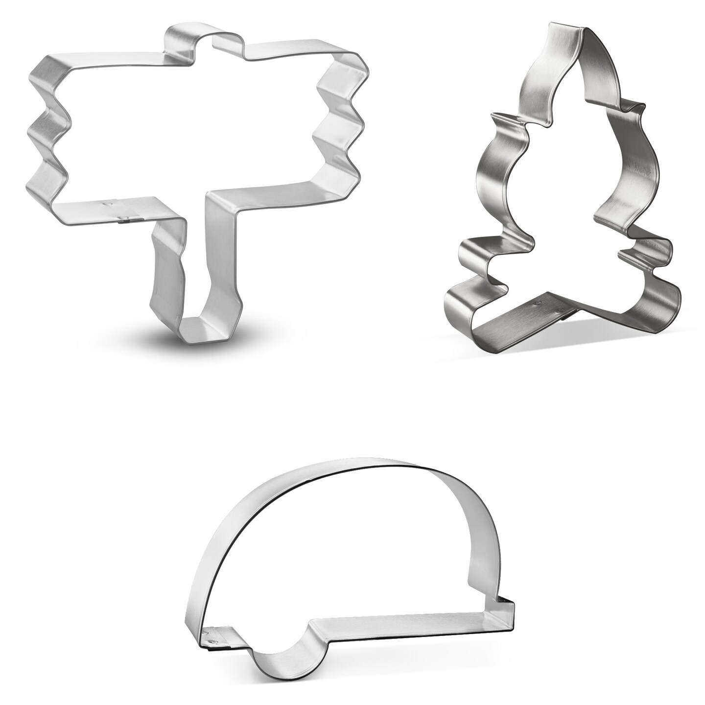 CookieCutter.com 3 Piece Summer Fall Camping Cookie Cutter Set Camper Glamper, Wooden Sign, Campfire, Metal Shapes Made in USA, Silver