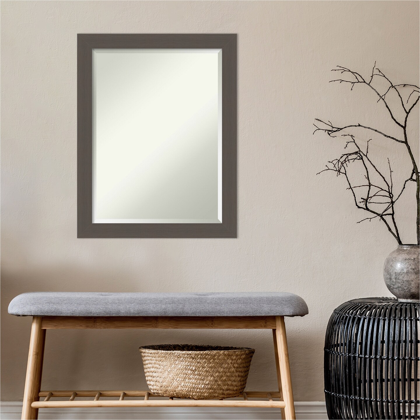 Beveled Bathroom Wall Mirror, Brushed Frame