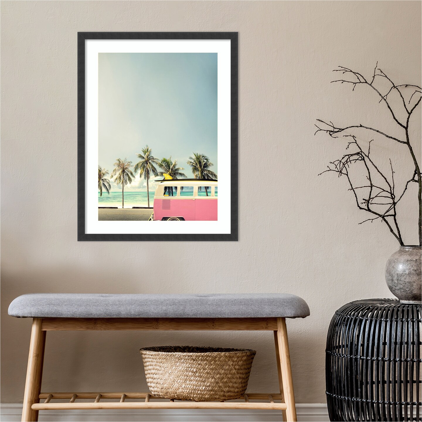 Surf Bus Pink (Beach) by Design Fabrikken Wood Framed Wall Art Print