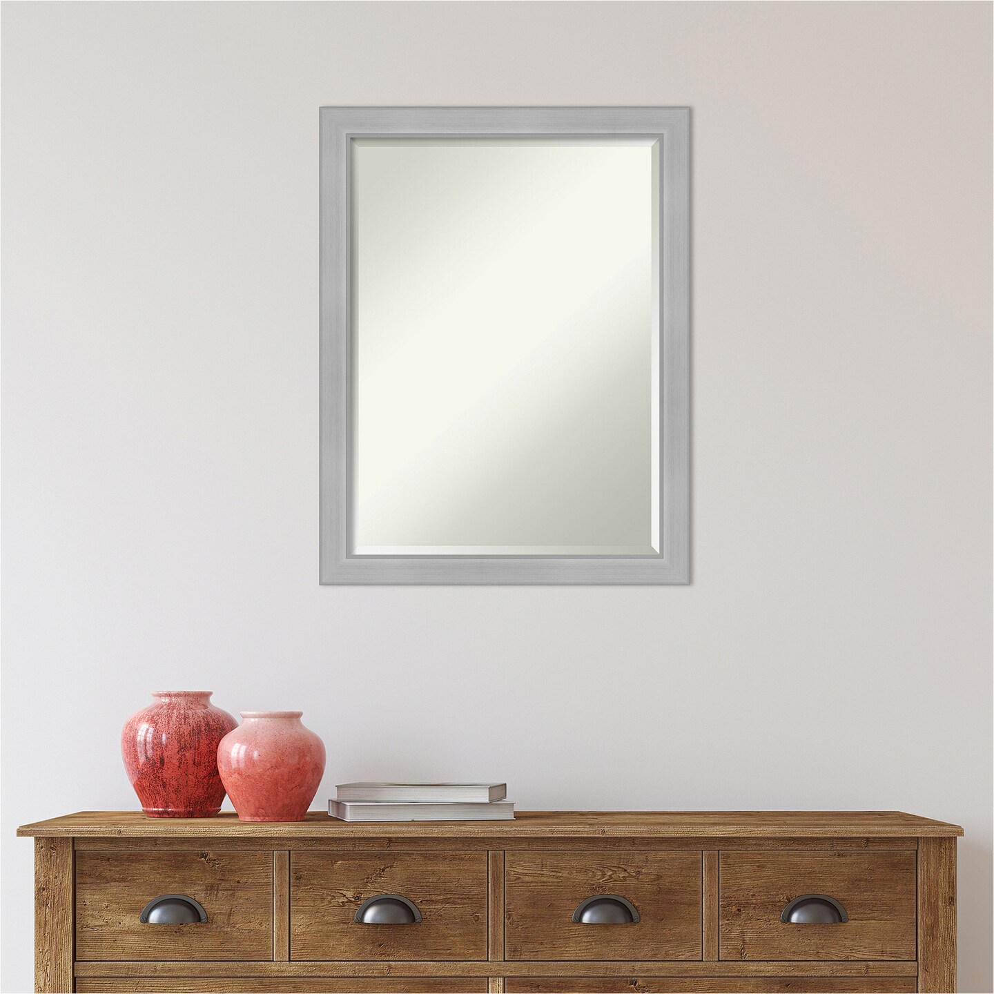 Beveled Bathroom Wall Mirror, Vista Brushed Nickel Narrow Frame