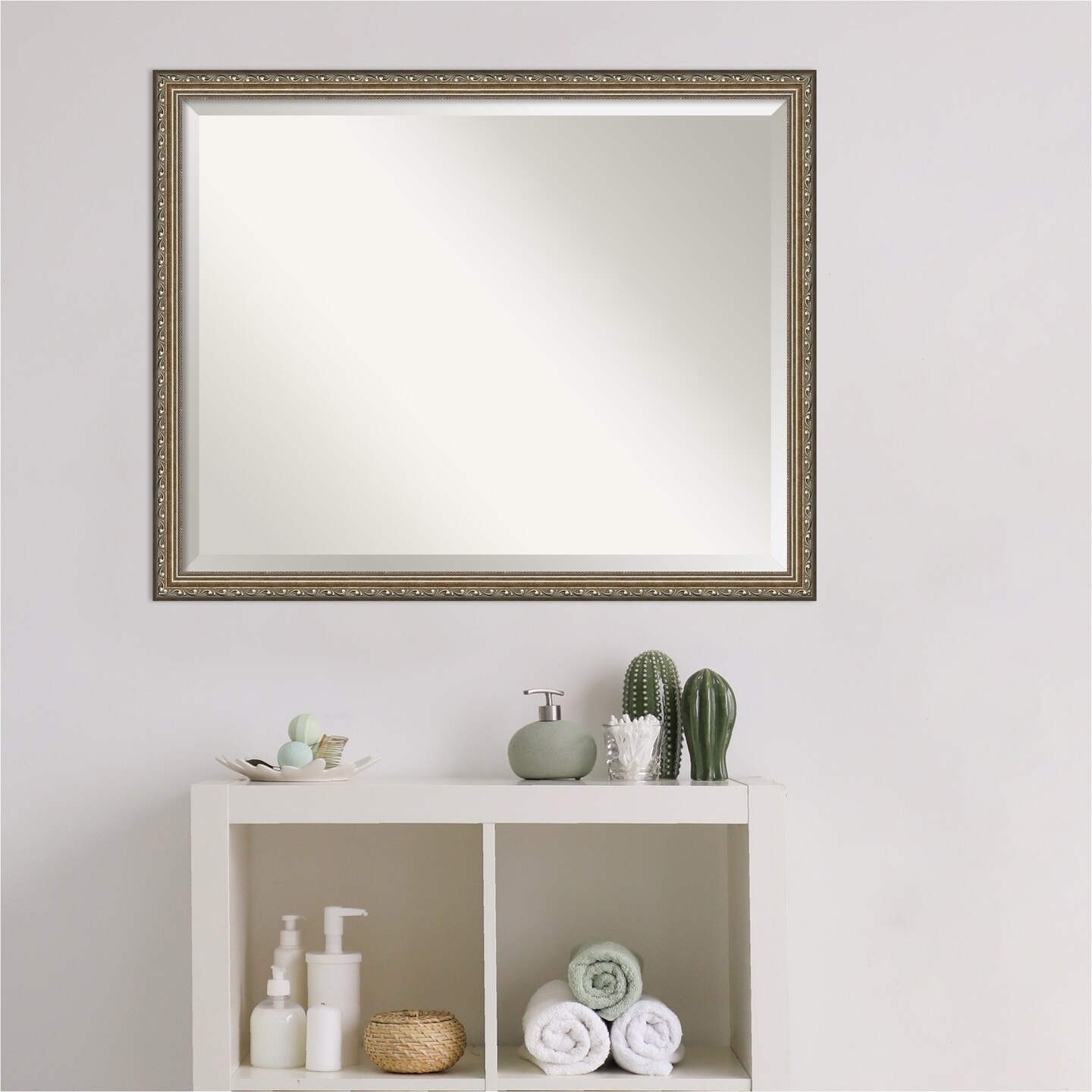Beveled Wood Bathroom Wall Mirror, Parisian Silver Frame