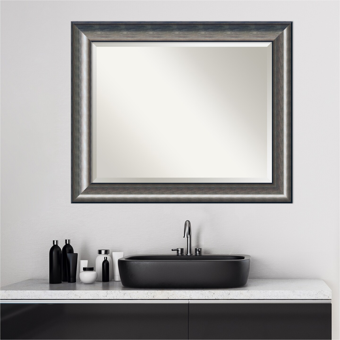 Beveled Wood Bathroom Wall Mirror, Quicksilver Scoop Frame
