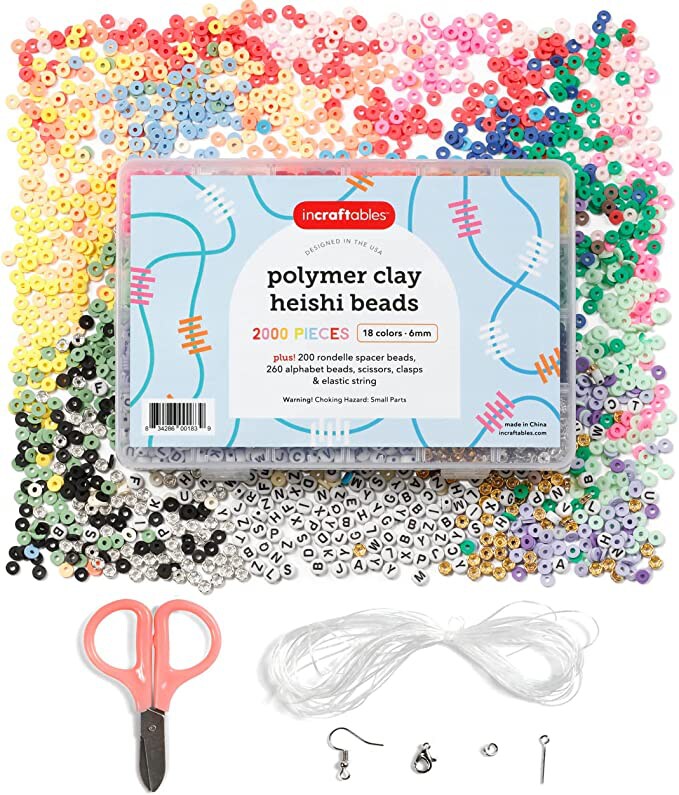 Incraftables 6mm Clay Beads for Bracelets Making (2000pcs) 18 Colors Set. Best Polymer Clay Heishi Beads for DIY Jewelry. Thin Flat Round Disc Small Beads Bulk Kit w/ Spacer, Letter Beads & String