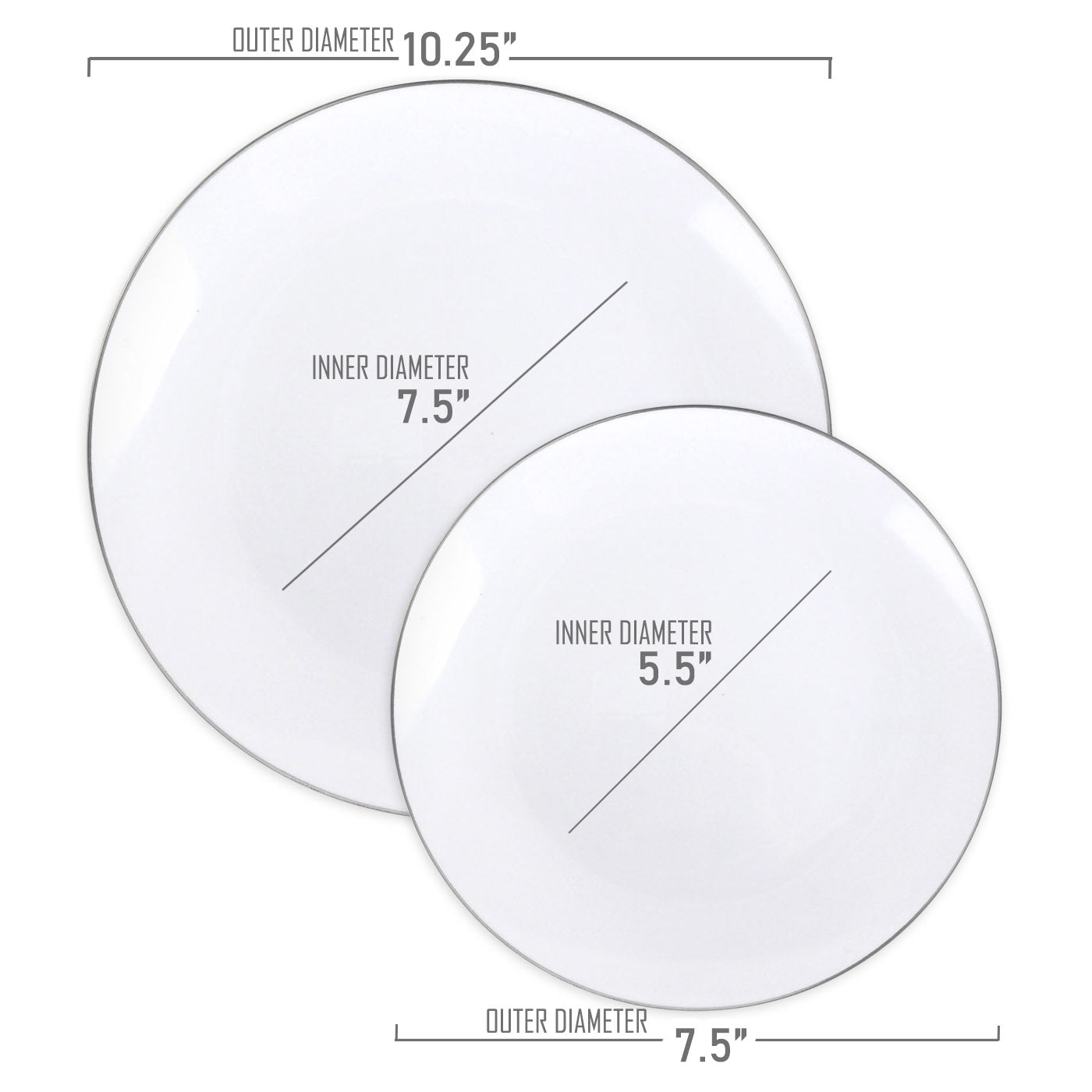 White with Silver Rim Organic Round Disposable Plastic Dinner Plates - 10.25&#x22; (120 Plates)