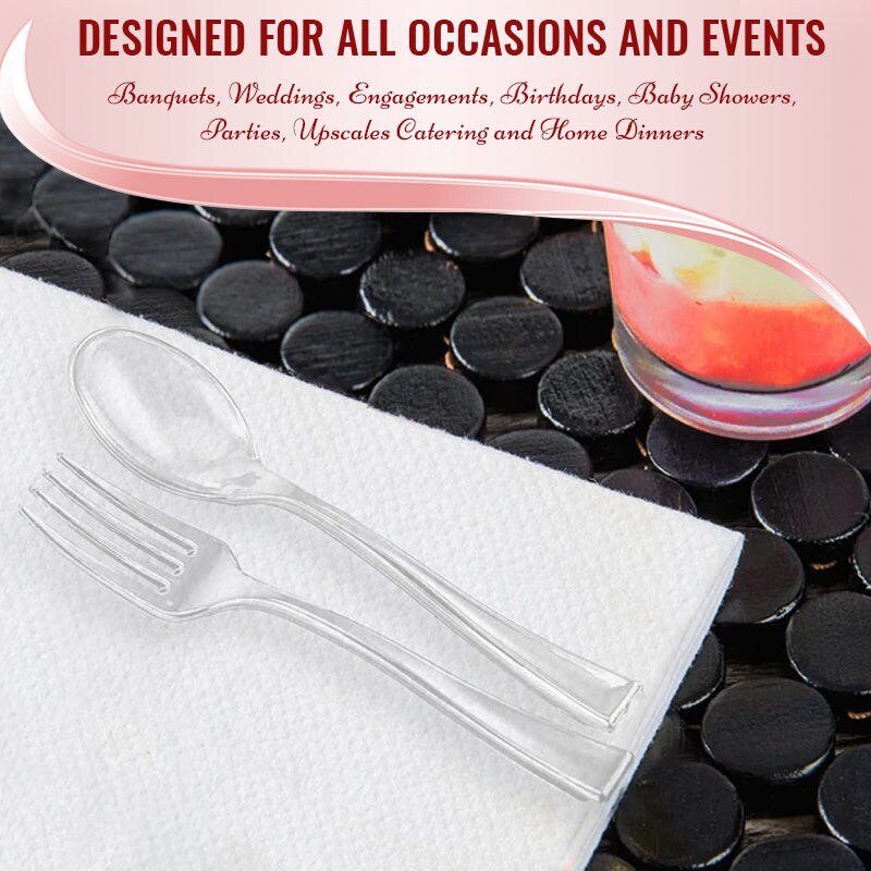 Clear Disposable Plastic Mini Flatware Set - Dessert Spoons and Dessert Forks (960 Guests)