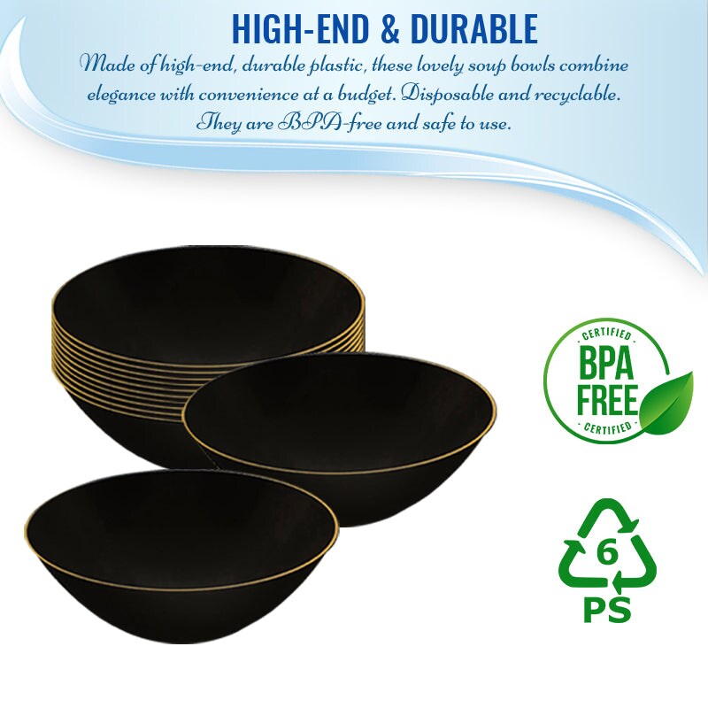 Black with Gold Rim Organic Round Disposable Plastic Bowls - 32 Ounce (60 Bowls)