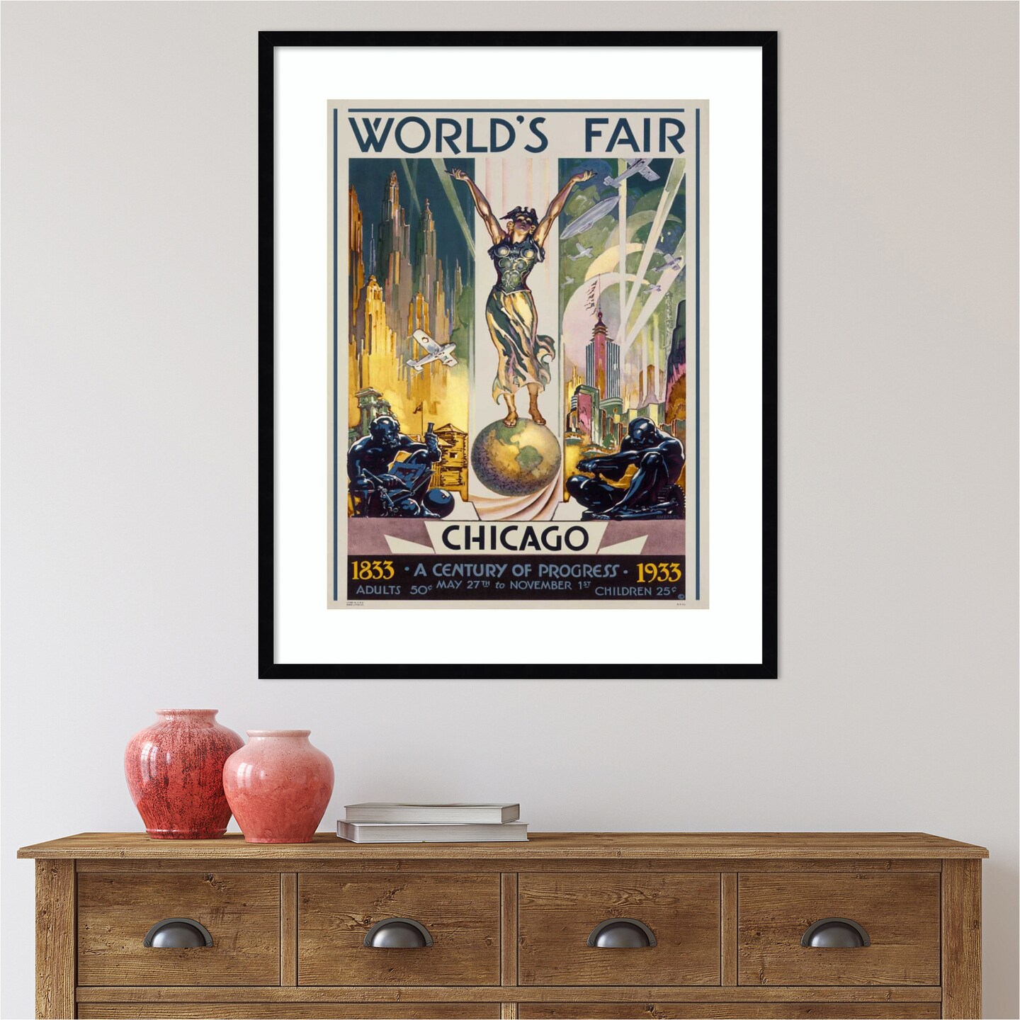 Chicago Worlds Fair 1933 by Glen C. Sheffer Wood Framed Wall Art Print
