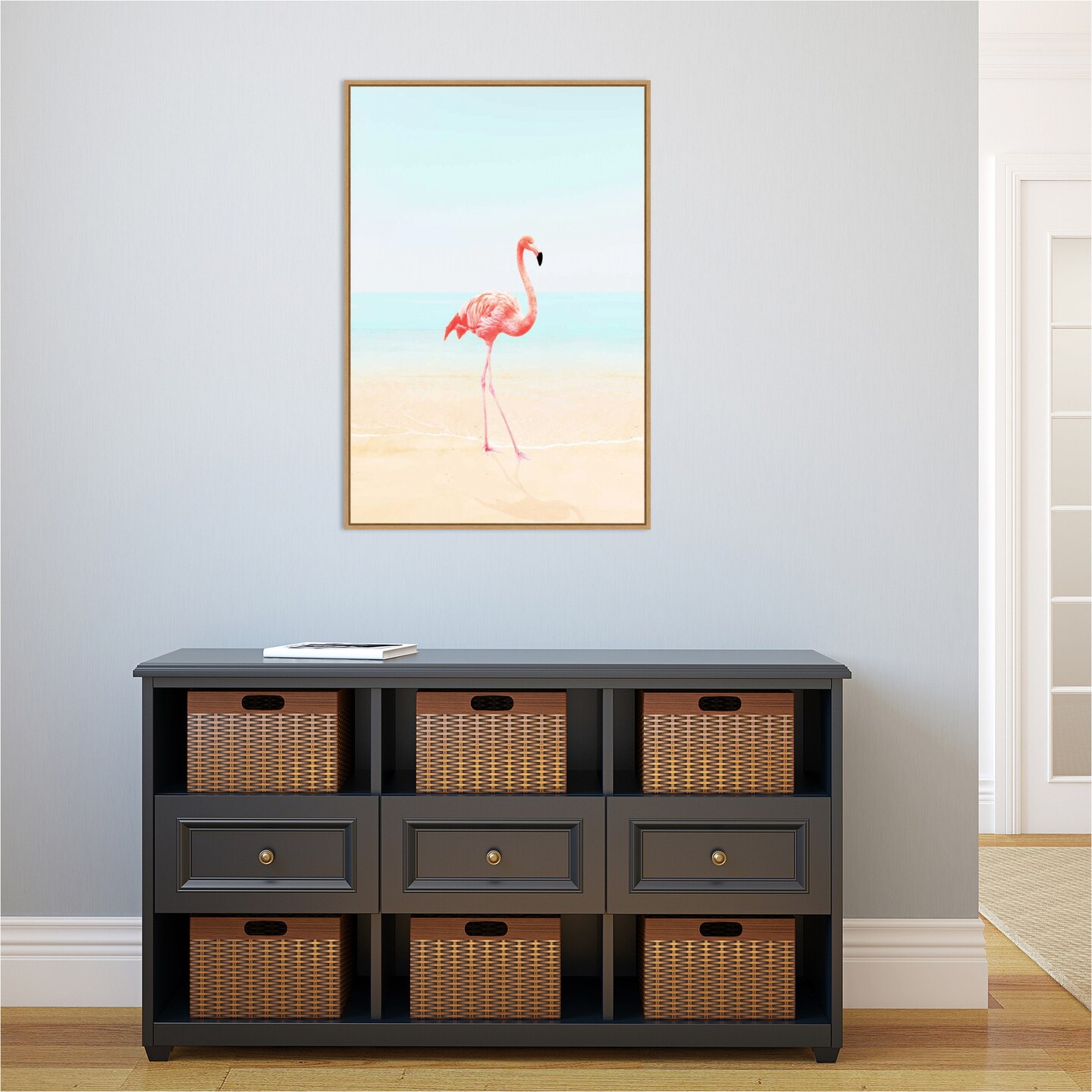 Flamingo on the Beach II by Tai Prints 23-in. W x 33-in. H. Canvas Wall Art  Print Framed in Natural
