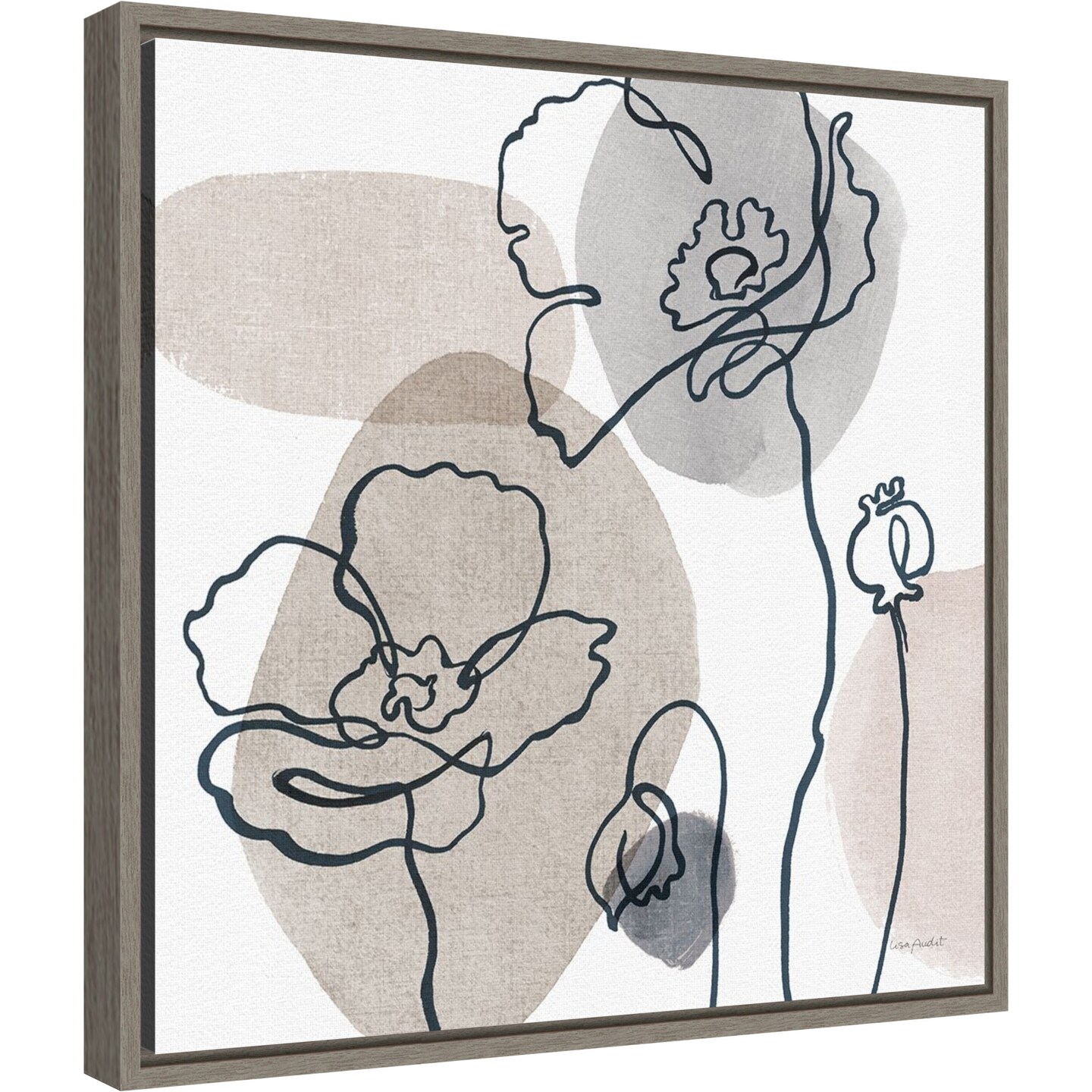 Think Neutral 03A (Floral) by Lisa Audit 16-in. W x 16-in. H. Canvas Wall Art Print Framed in Grey