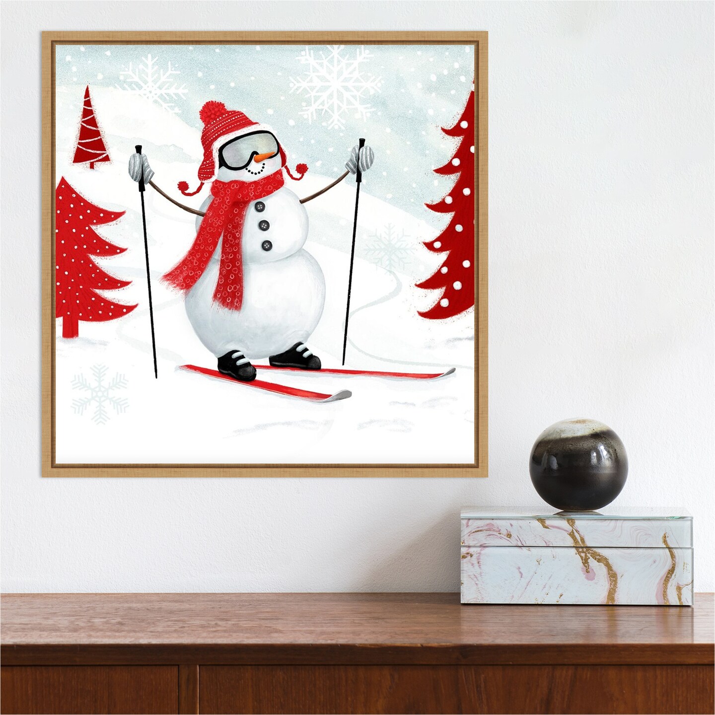 Snow Day I Snowman Skiing by Victoria Borges 16-in. W x 16-in. H. Canvas Wall Art Print Framed in Natural