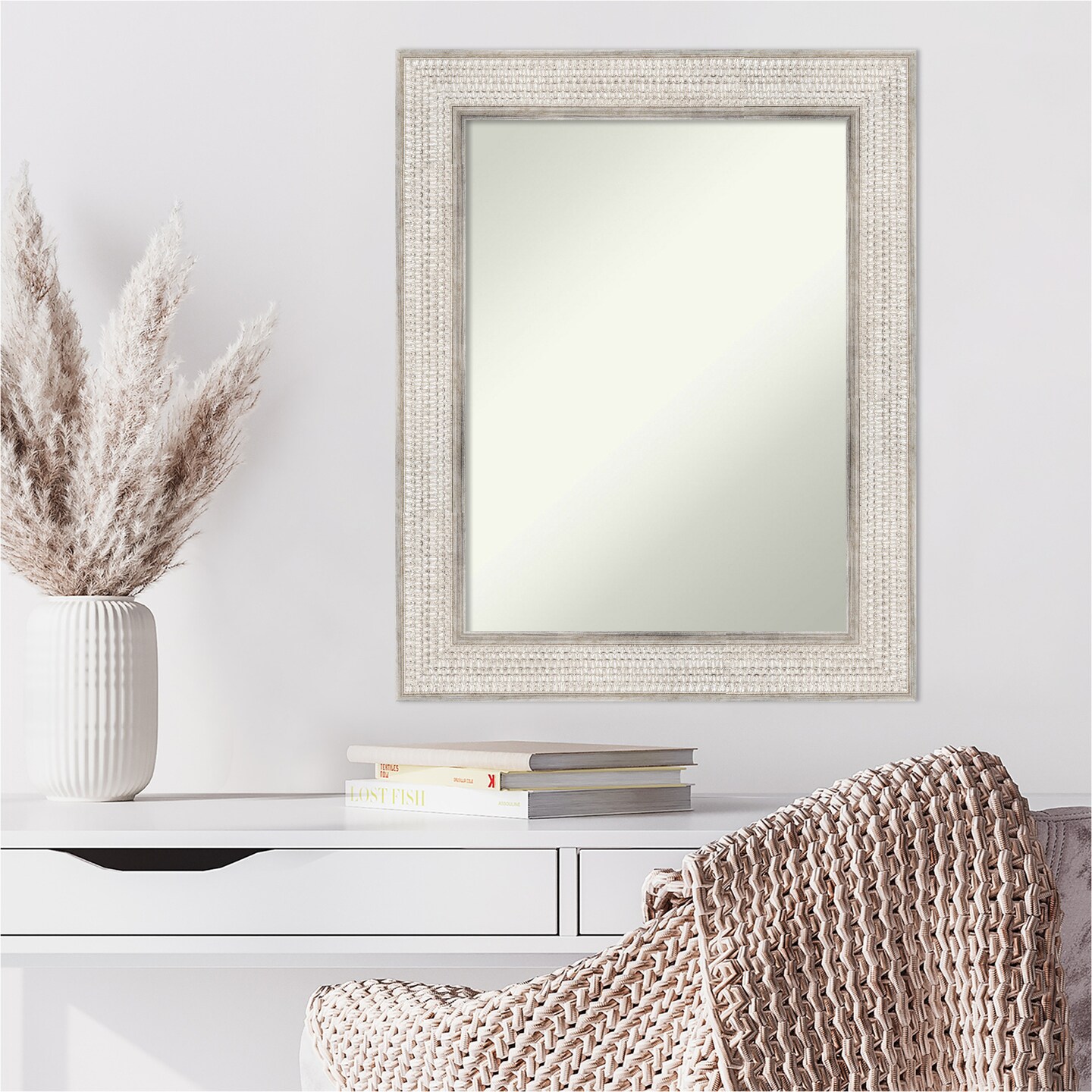 Amanti Art Non-Beveled Wood Wall Mirror, Trellis Silver Frame