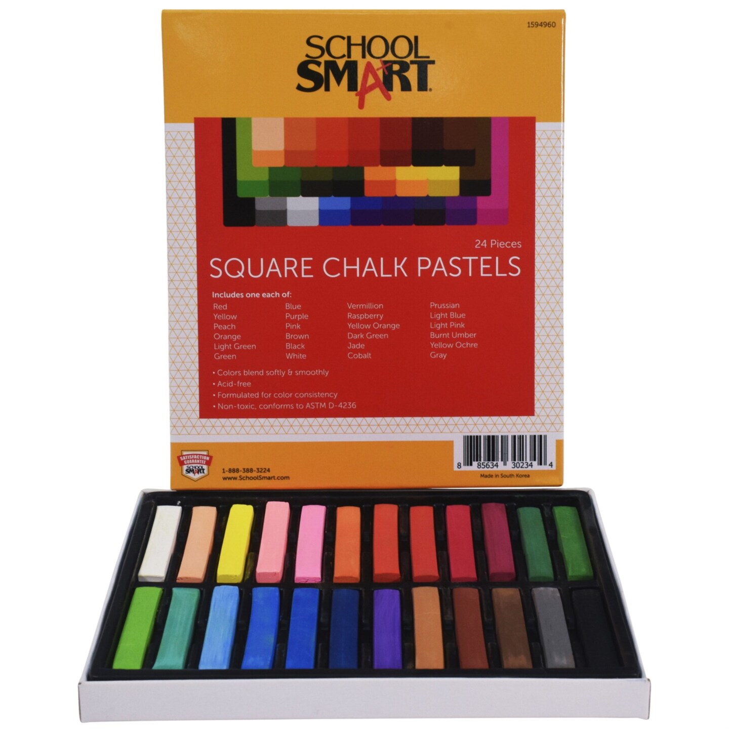 School Smart Square Chalk Pastels, Assorted Colors, Set of 24 Art