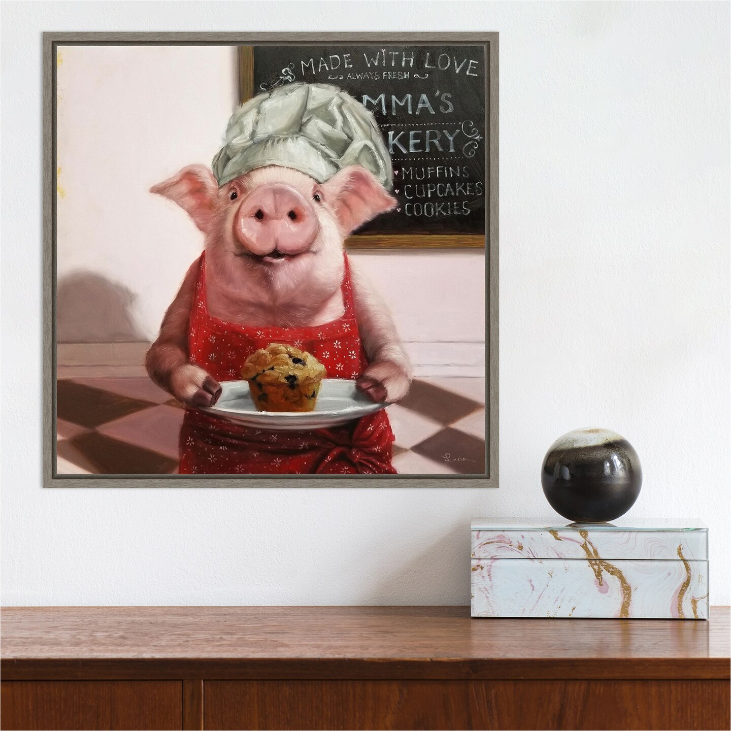 Pinkies Bakery (Pig) by Lucia Heffernan 16-in. W x 16-in. H. Canvas Wall Art Print Framed in Grey